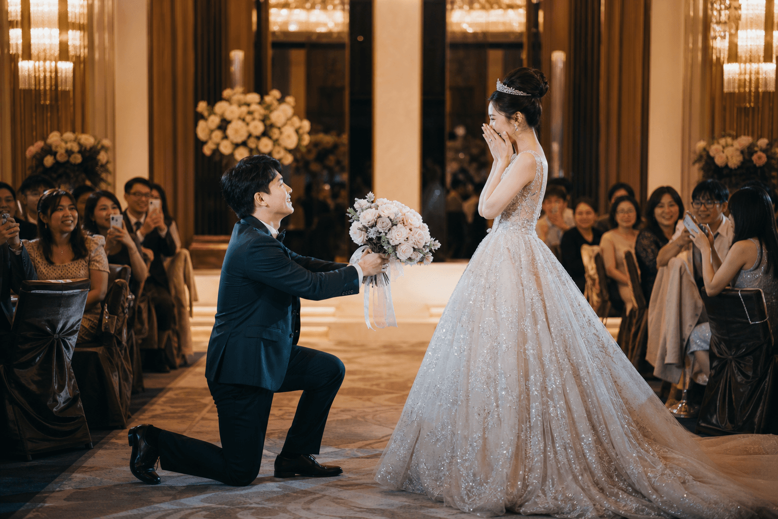 新人進場橋段：婚宴中央會合、現場求婚與獻花