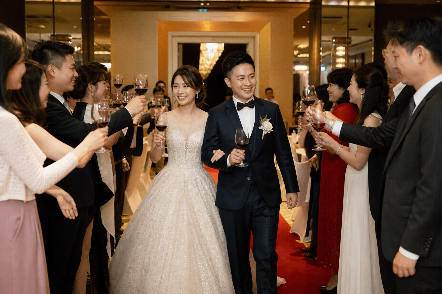 婚禮進場：新人敲敲杯與紅毯兩側賓客祝福